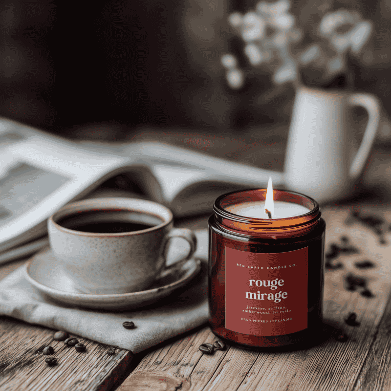 coffee cup with rouge mirage candle