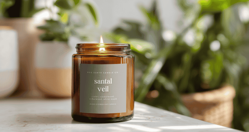 santal veil candle with greenery